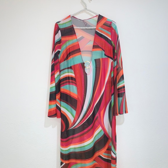 Trina Turk swoop fluted sleeve maxi coverup size medium new with tags pink green - Picture 9 of 14